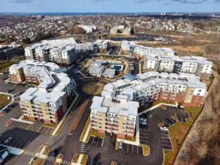 aerial view of the Elevation at Crown Colony apartment complex in Quincy, MA