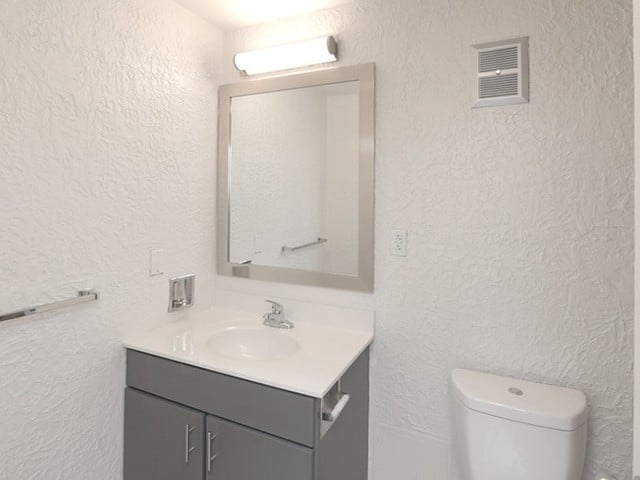 a grey bathroom vanity with a white countertop and toilet inside of a Braintree Village apartment in Braintree, MA