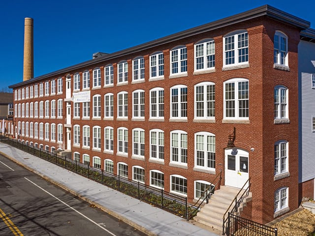 aerial shot of sterling lofts apartments in Attleboro, MA